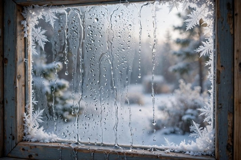 tiny house living in cold climates: condensation beading on a tiny house window on a frosty morning