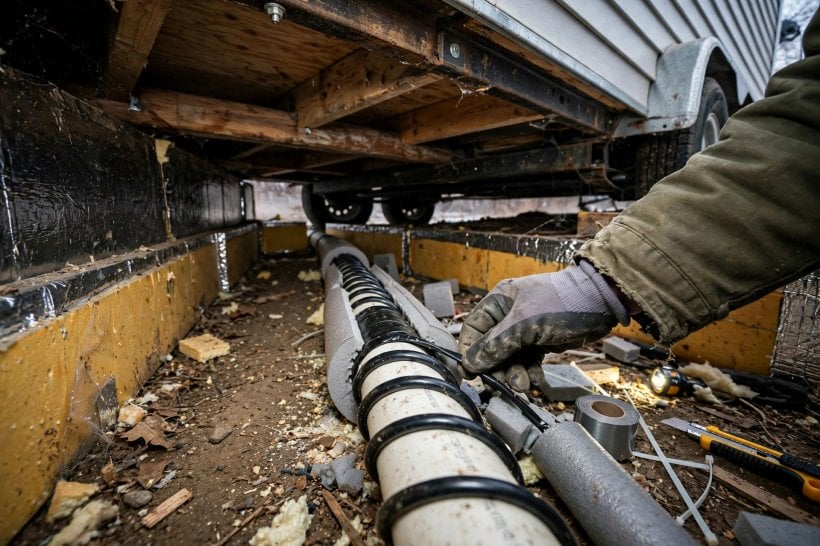 tiny house living in cold climates: self-regulating heat tape wrapped along a water line under a tiny house