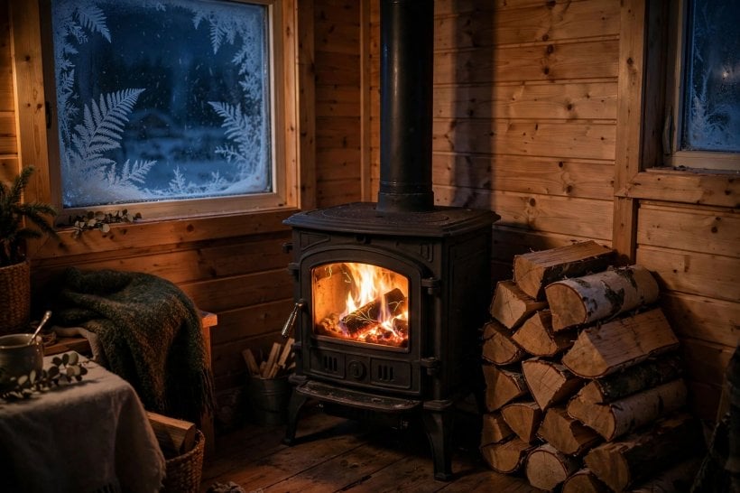 tiny house living in cold climates: a wood stove glowing in a tiny house living space on a deep-winter night