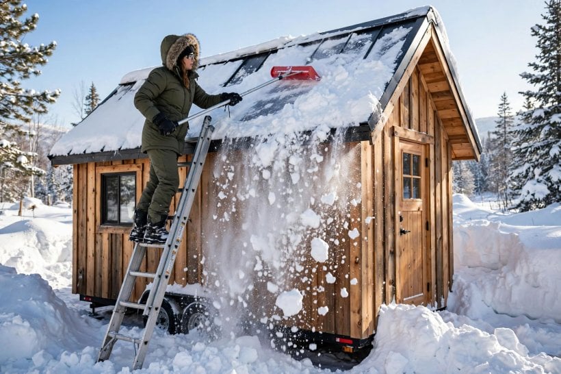 tiny house living in cold climates: clearing snow from a tiny house metal roof with a roof rake