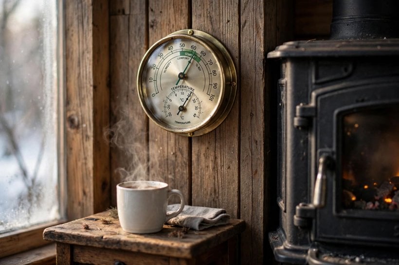 tiny house living in cold climates: a hygrometer on a tiny house wall beside the wood stove, part of the morning check