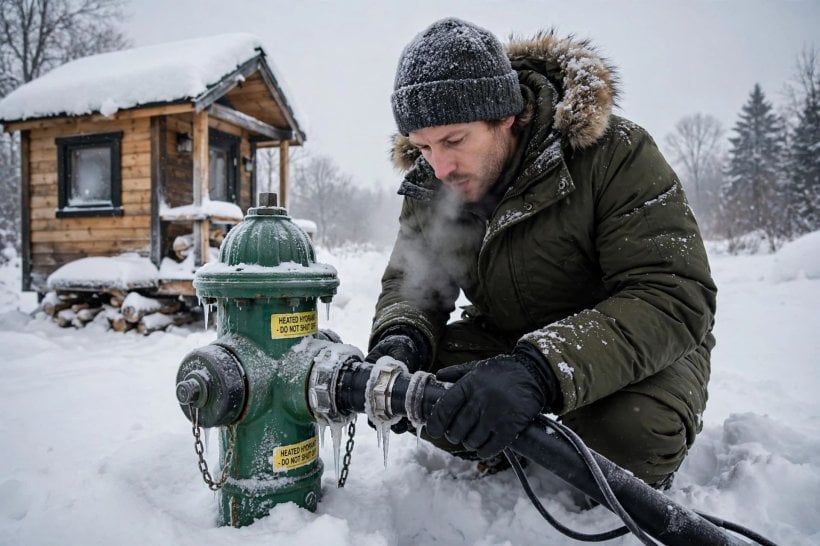 tiny house living in cold climates: checking a heated water inlet hose connection at the hydrant in deep snow