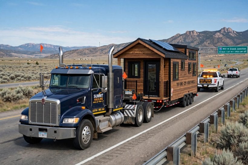 tiny house moving: a professional hauling truck towing a tiny house on the interstate with an escort vehicle behind