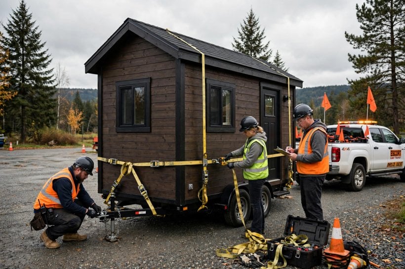 tiny house moving: a professional moving crew securing a tiny house with straps before transport