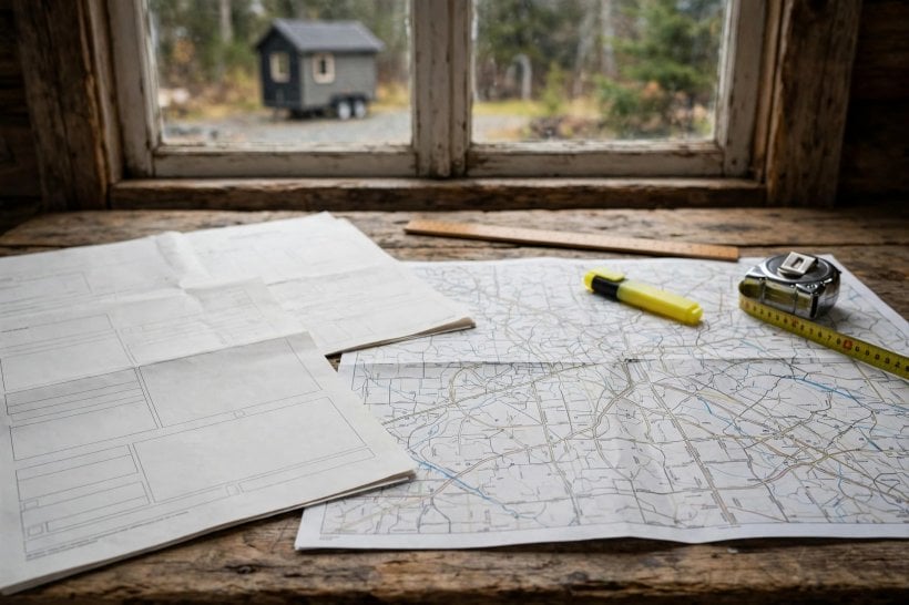 tiny house moving: oversize load permits and a route map spread out on a table before departure