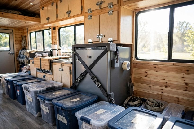 tiny house moving: the inside of a tiny house secured for transport, with bins on the floor and cabinets latched