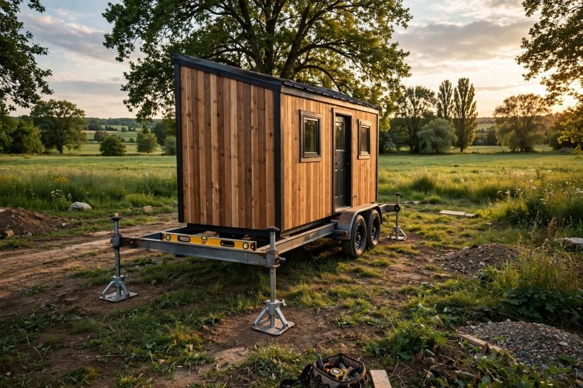 tiny house moving: leveling a tiny house on stabilizer jacks at its new homesite