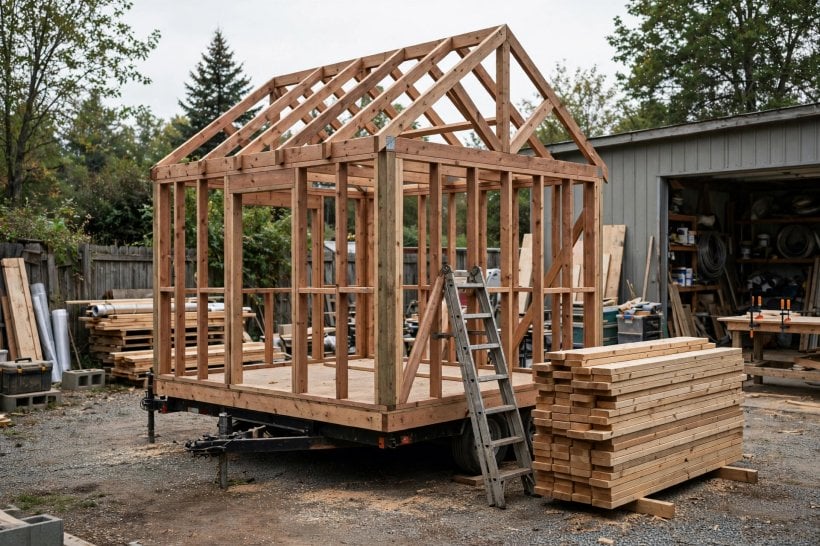 tiny house myths: a tiny house under construction, framed and built to code