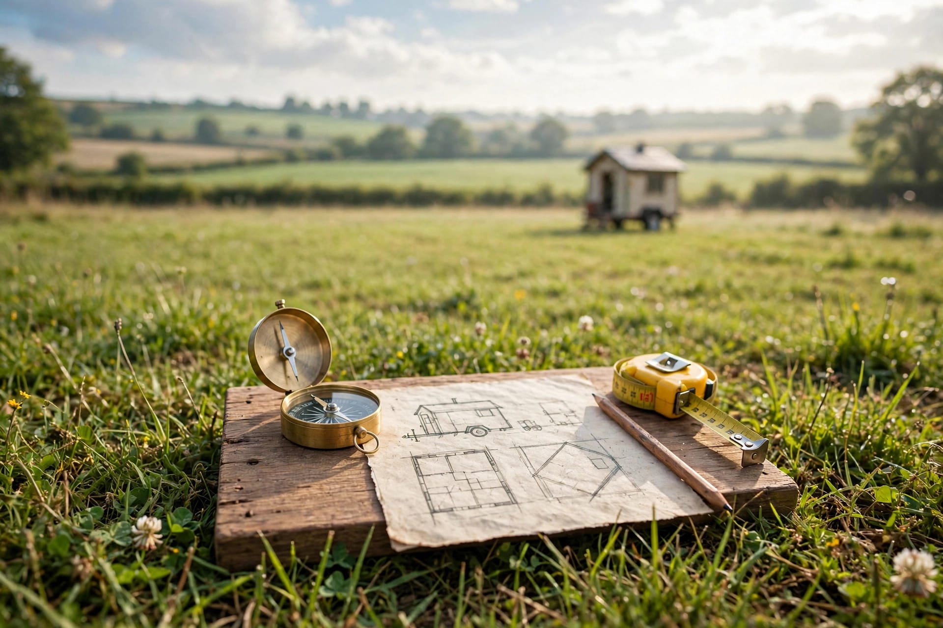 tiny house passive solar simulator: compass and site plan sketch for orienting a tiny house to the sun