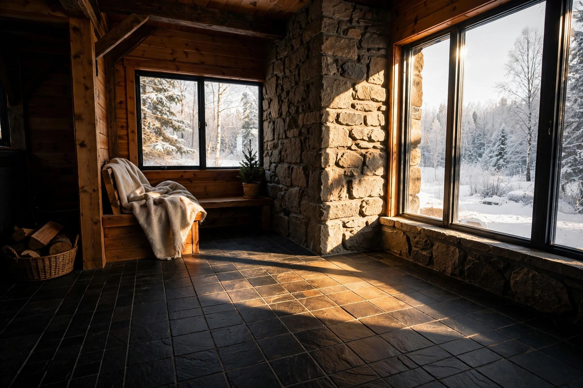 tiny house passive solar simulator: thermal mass floor inside a tiny house soaking up sunlight