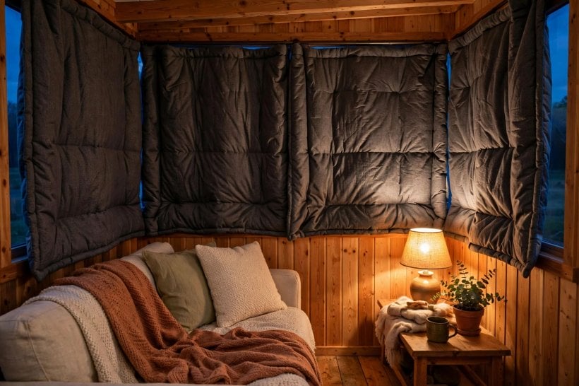 tiny house passive solar simulator: thermal curtains drawn over south windows at night