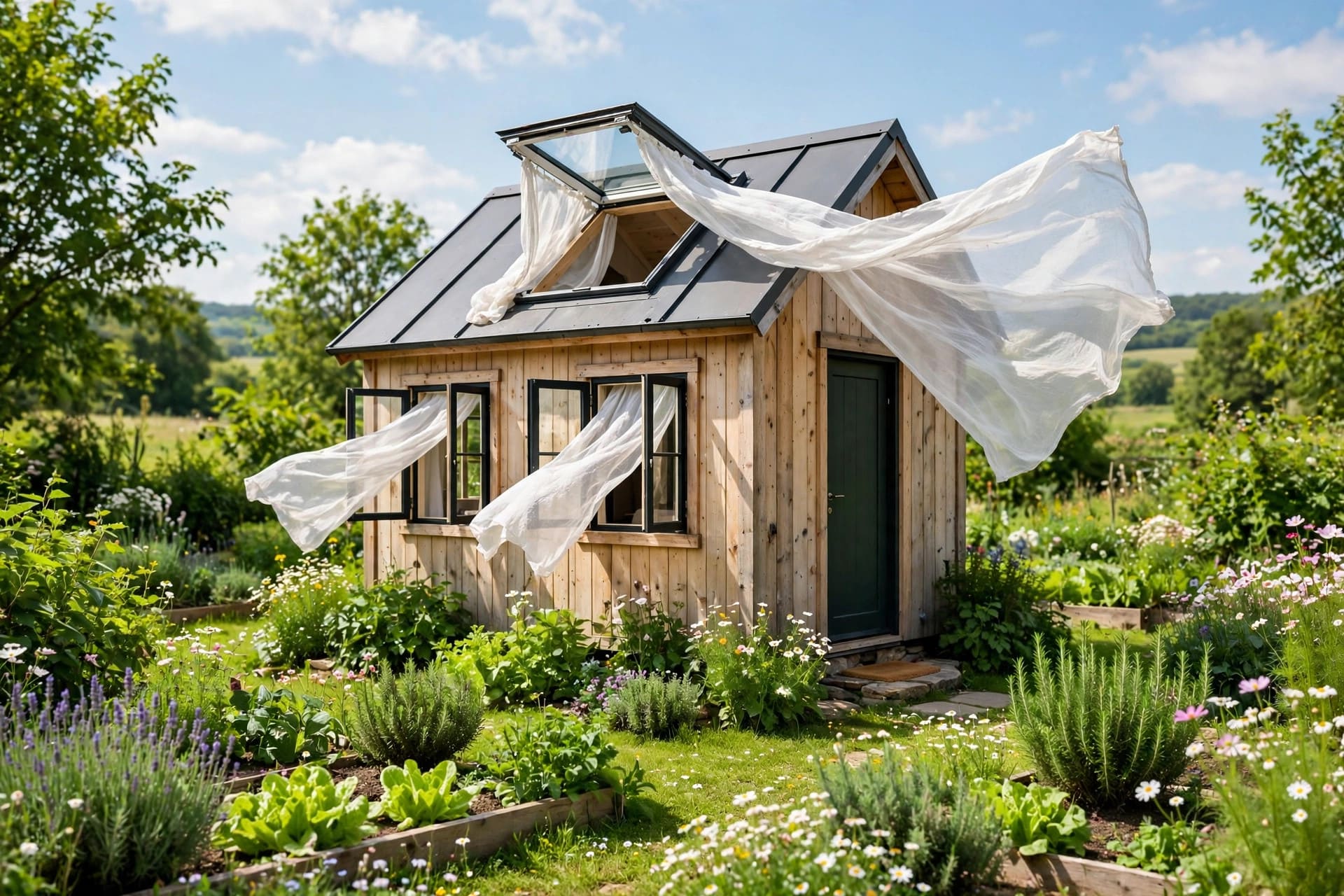 tiny house passive solar simulator: open windows and through-ventilation cooling a tiny house in summer