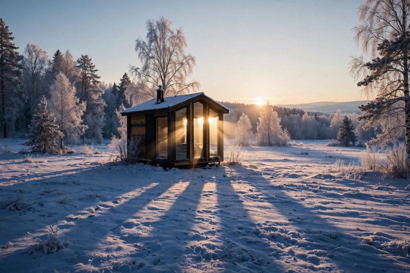 tiny house passive solar simulator: low winter sun reaching deep into a tiny house