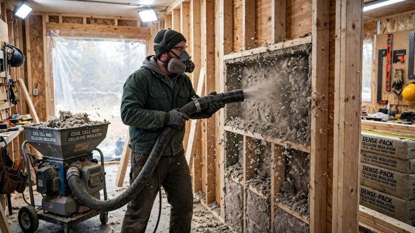tiny house plans for cold climates: dense-pack insulation filling a thick wall cavity