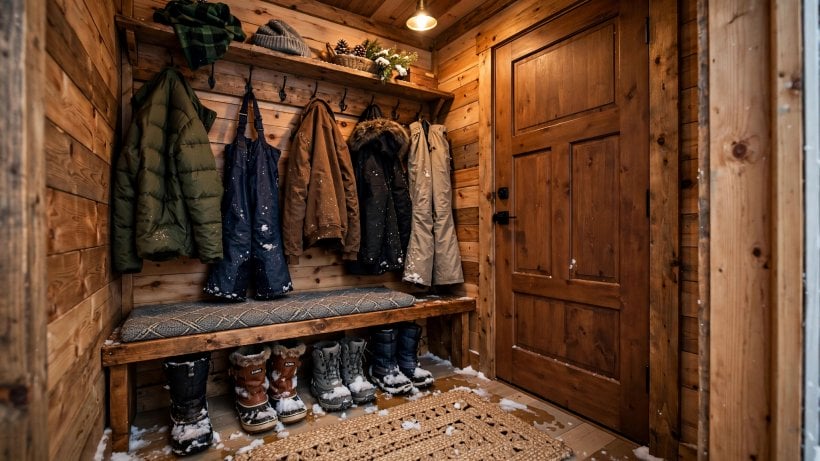 tiny house plans for cold climates: a mudroom airlock with boot bench and winter gear storage