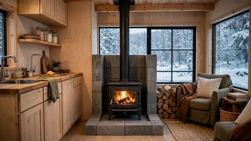 tiny house plans for cold climates: a wood stove at the center of an open-plan interior