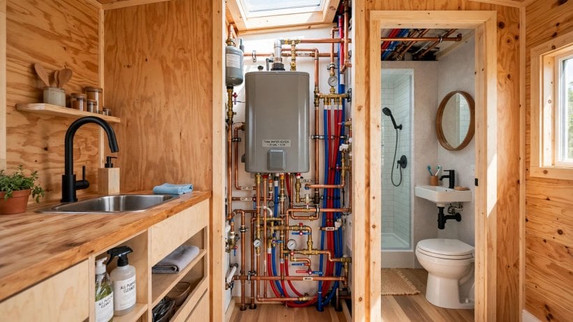 tiny house plans for cold climates: kitchen and bath plumbing clustered in one central core