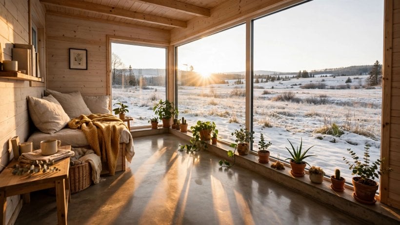 tiny house plans for cold climates: low winter sun warming a tiny house interior through south glass