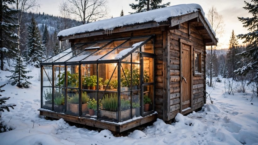 tiny house plans for cold climates: a greenhouse buffer attached to a tiny cabin in snow