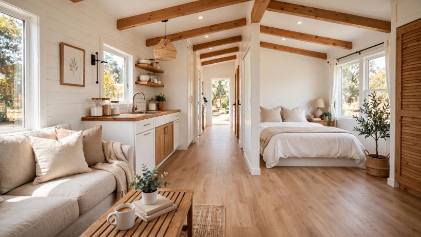 tiny house plans for seniors: single-level ranch interior with a wide central walkway and no steps