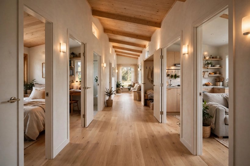 tiny house plans for seniors: extra-wide hallway with lever-handle doors and threshold-free flooring