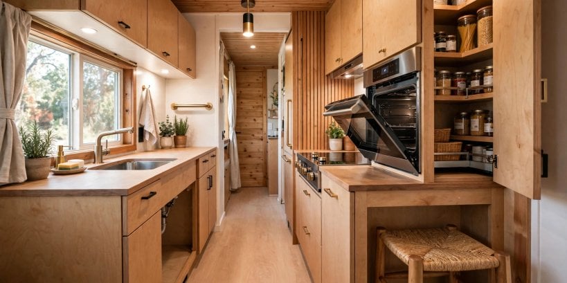 tiny house plans for seniors: seated-height galley kitchen with knee clearance under the sink