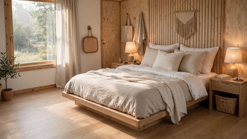 tiny house plans for seniors: low platform bed with open turning space beside it