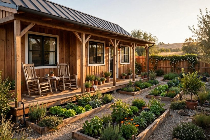 tiny house plans for seniors: covered porch running along the south side of a courtyard bungalow