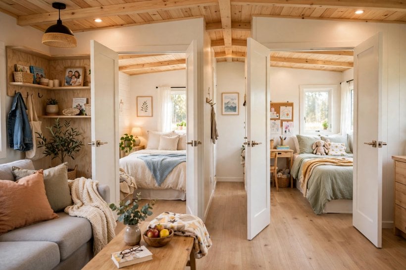 tiny house plans for seniors: two accessible bedrooms in a companion suite layout