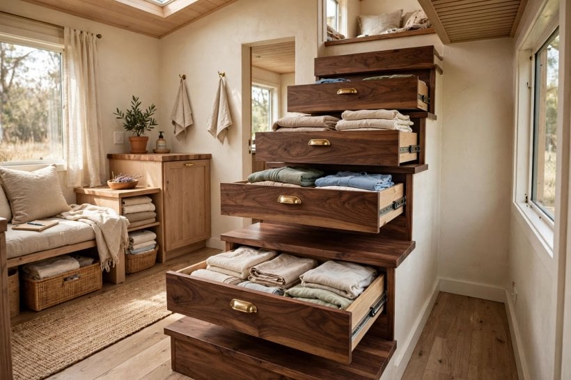 tiny house plans with hidden storage: alternating-tread staircase with every step built as a pull-out drawer