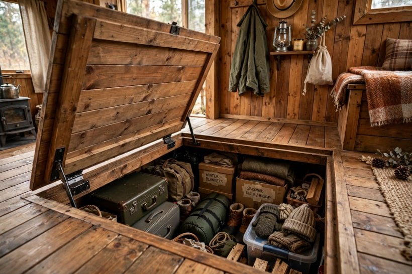 tiny house plans with hidden storage: raised floor hatch opened to reveal a trunk cavity with luggage and seasonal gear
