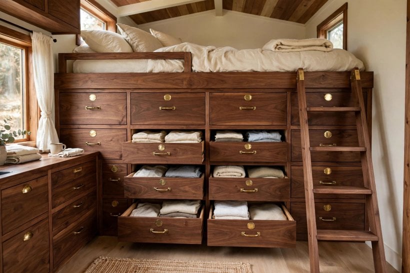 tiny house plans with hidden storage: deep drawer wall built beneath a sleeping loft