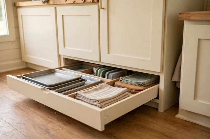 tiny house plans with hidden storage: shallow toe-kick drawer under kitchen cabinets holding sheet pans and trays