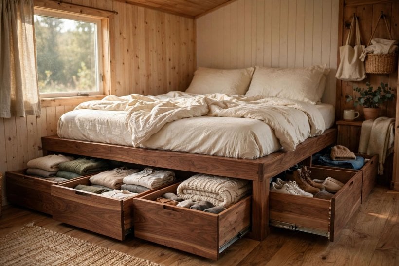 tiny house plans with hidden storage: platform bed with deep storage drawers pulled open