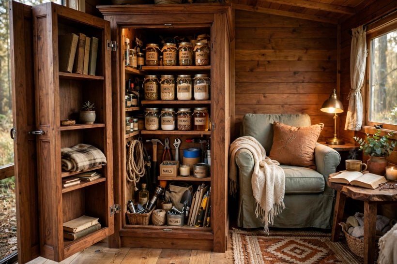 tiny house plans with hidden storage: bookcase panel opened to reveal a hidden compartment with jars and tools