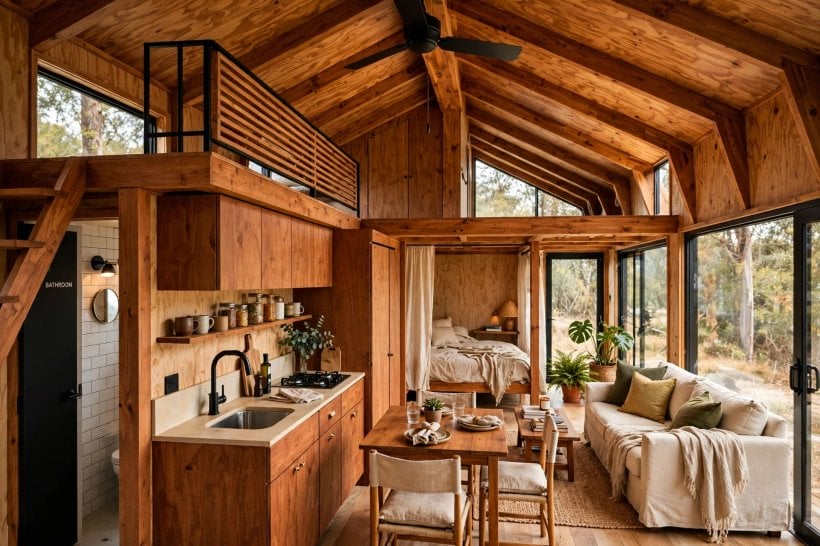 tiny house plans with high ceilings: double-height living core open to a 14-foot ridge with the bedroom tucked under a partial loft