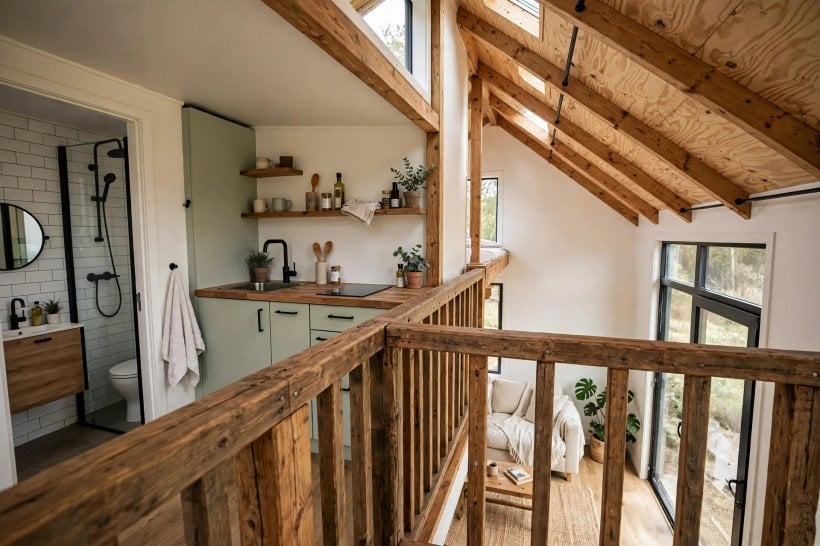 tiny house plans with high ceilings: half-loft sleeping mezzanine floating over the kitchen with the living zone open to the full ridge
