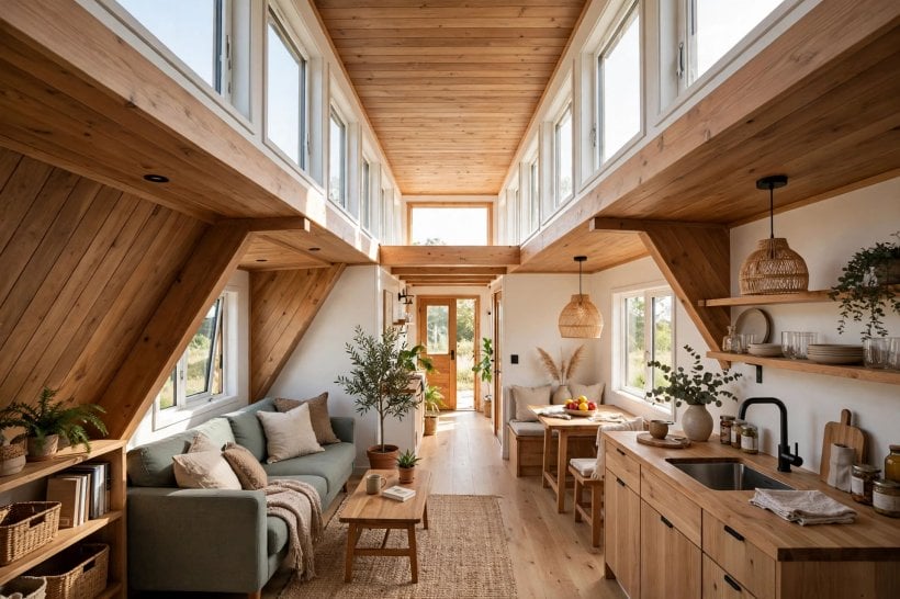 tiny house plans with high ceilings: raised clerestory tower strip washing the interior with high daylight from both sides