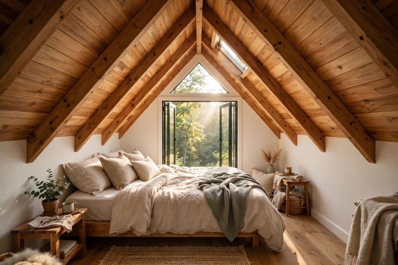 tiny house plans with high ceilings: vaulted bedroom sleeping under the peak with the finished roof slope overhead