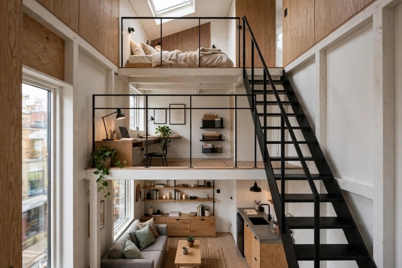 tiny house plans with high ceilings: three stacked levels and an 18-foot atrium stair inside a tall narrow urban plan