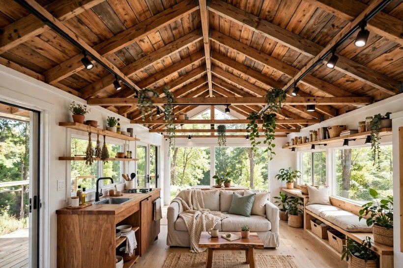 tiny house plans with high ceilings: exposed rafters and roof decking finished as the ceiling with the full roof volume open to the rooms