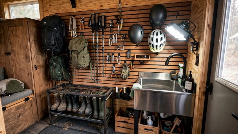 tiny house plans with mudrooms: slat-wall gear storage with a boot drying rack and deep utility sink
