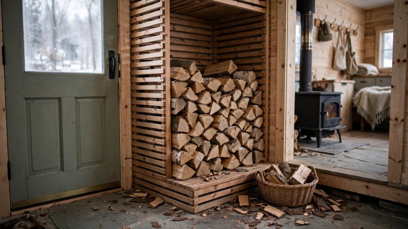 tiny house plans with mudrooms: firewood alcove with a raised slatted floor beside the entry door