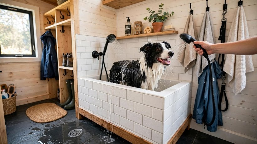 tiny house plans with mudrooms: raised dog wash tub with a handheld shower and towels on hooks