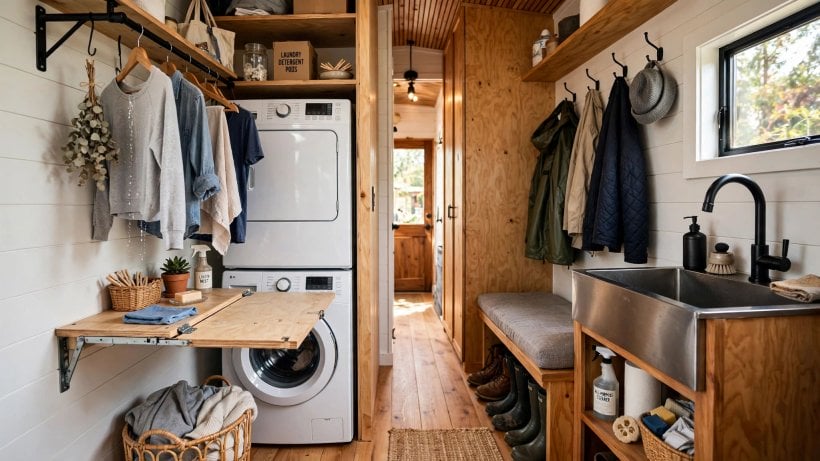 tiny house plans with mudrooms: washer-dryer wall with a folding counter, hanging rod and entry bench