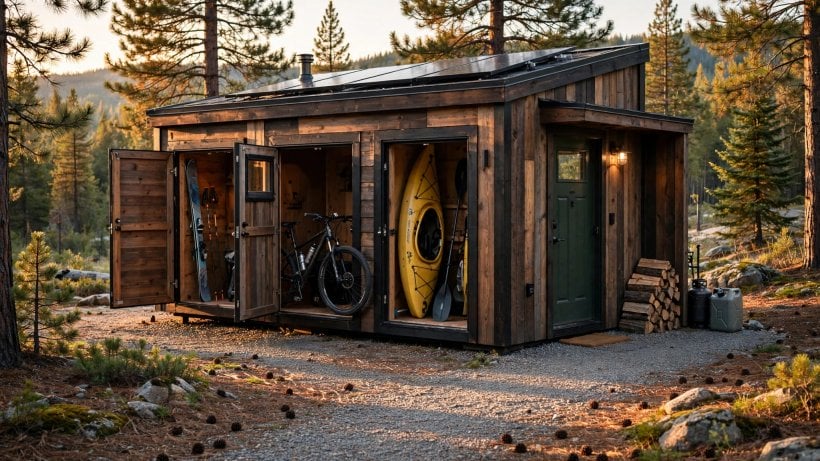 tiny house plans with mudrooms: lockable exterior storage bays for skis, bikes and kayaks