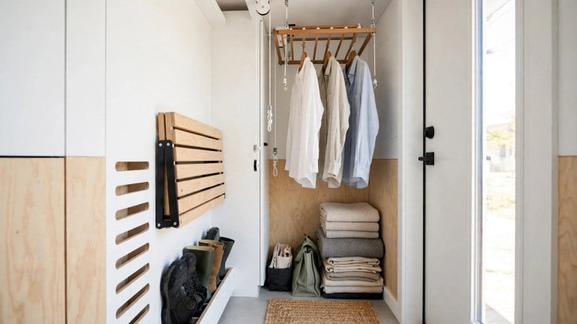 tiny house plans with mudrooms: fold-down bench and vertical boot slots in a compact 3 by 5 entry zone