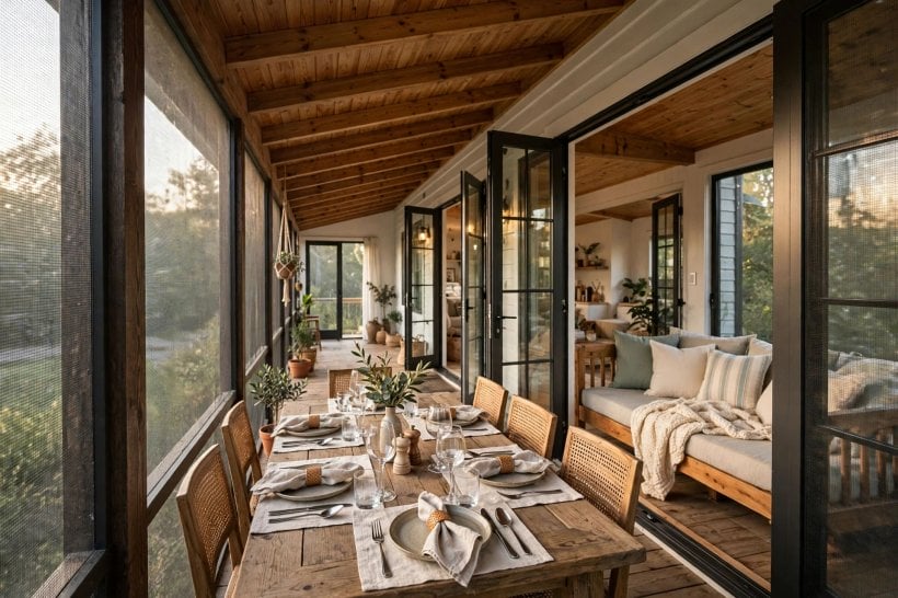 tiny house plans with screened porches: full-width front porch with French doors, a dining table for six and a daybed