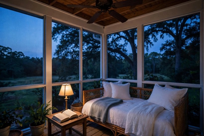 tiny house plans with screened porches: screened sleeping porch with a daybed beside the bedroom sliding door