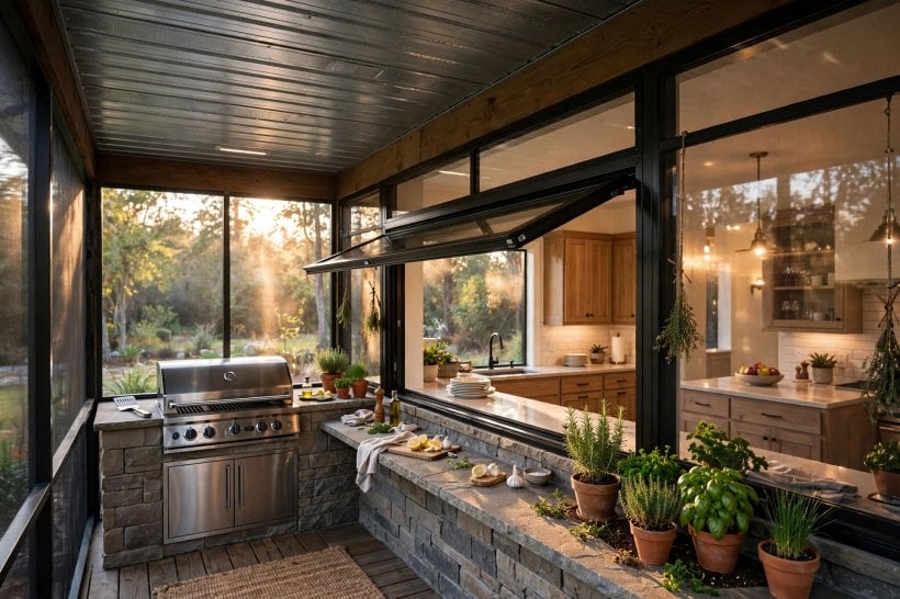tiny house plans with screened porches: porch kitchen with a grill station, prep counter and a pass-through window to the indoor kitchen